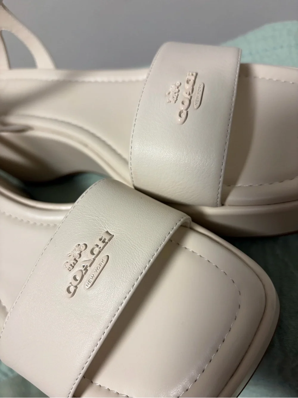 Coach “Gale” 2026 Cream Leather Platform Wedge Sandals with Ankle Strap Sz 10B